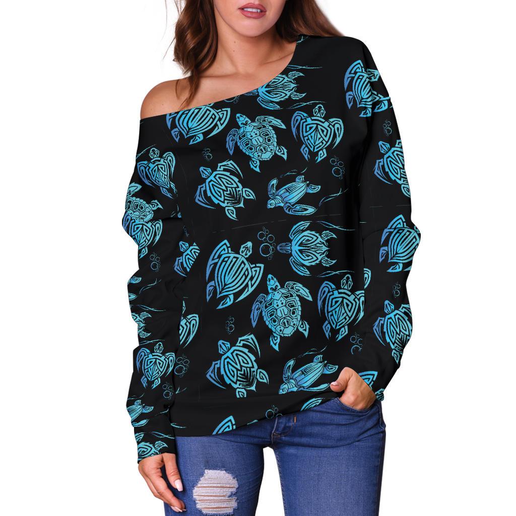 Tribal Turtle Polynesian Themed Design Off Shoulder Sweatshirt