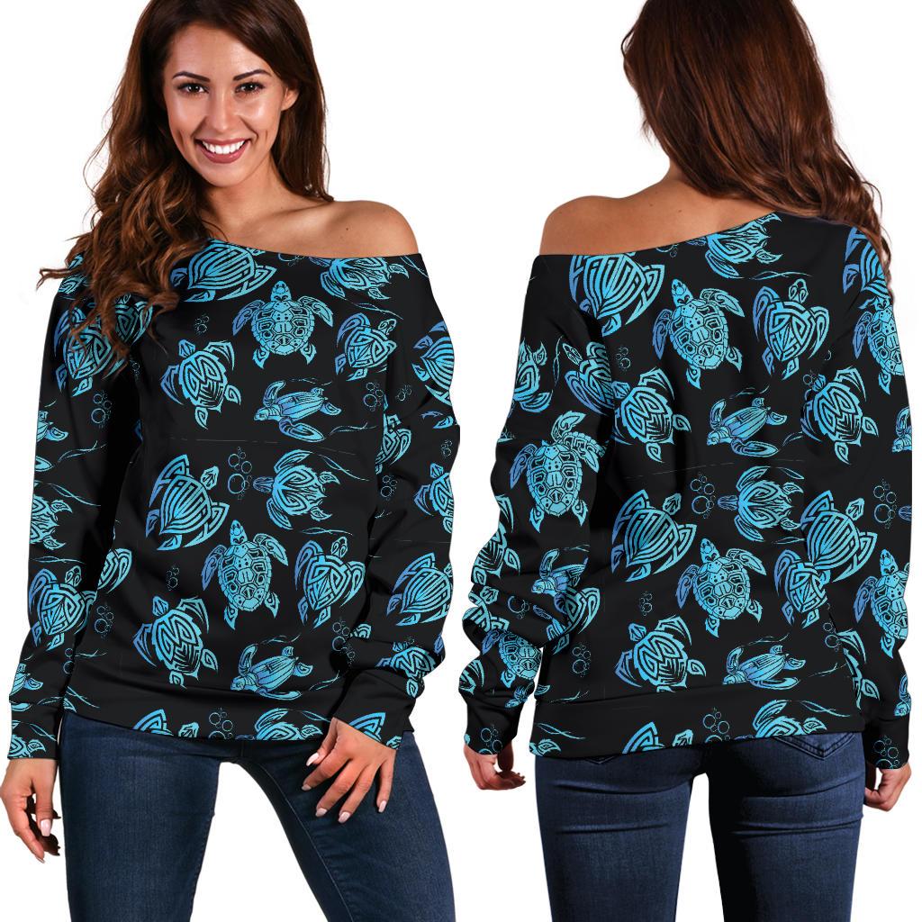 Tribal Turtle Polynesian Themed Design Off Shoulder Sweatshirt