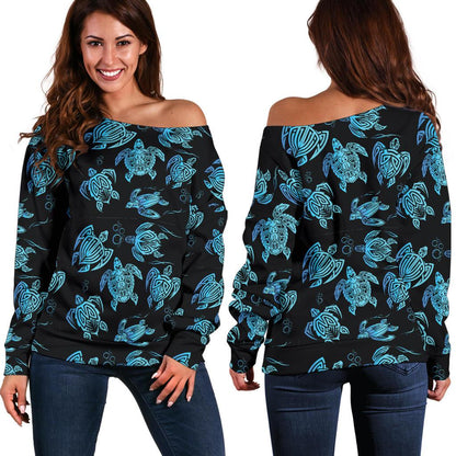 Tribal Turtle Polynesian Themed Design Off Shoulder Sweatshirt
