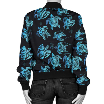 Tribal Turtle Polynesian Themed Design Women Casual Bomber Jacket