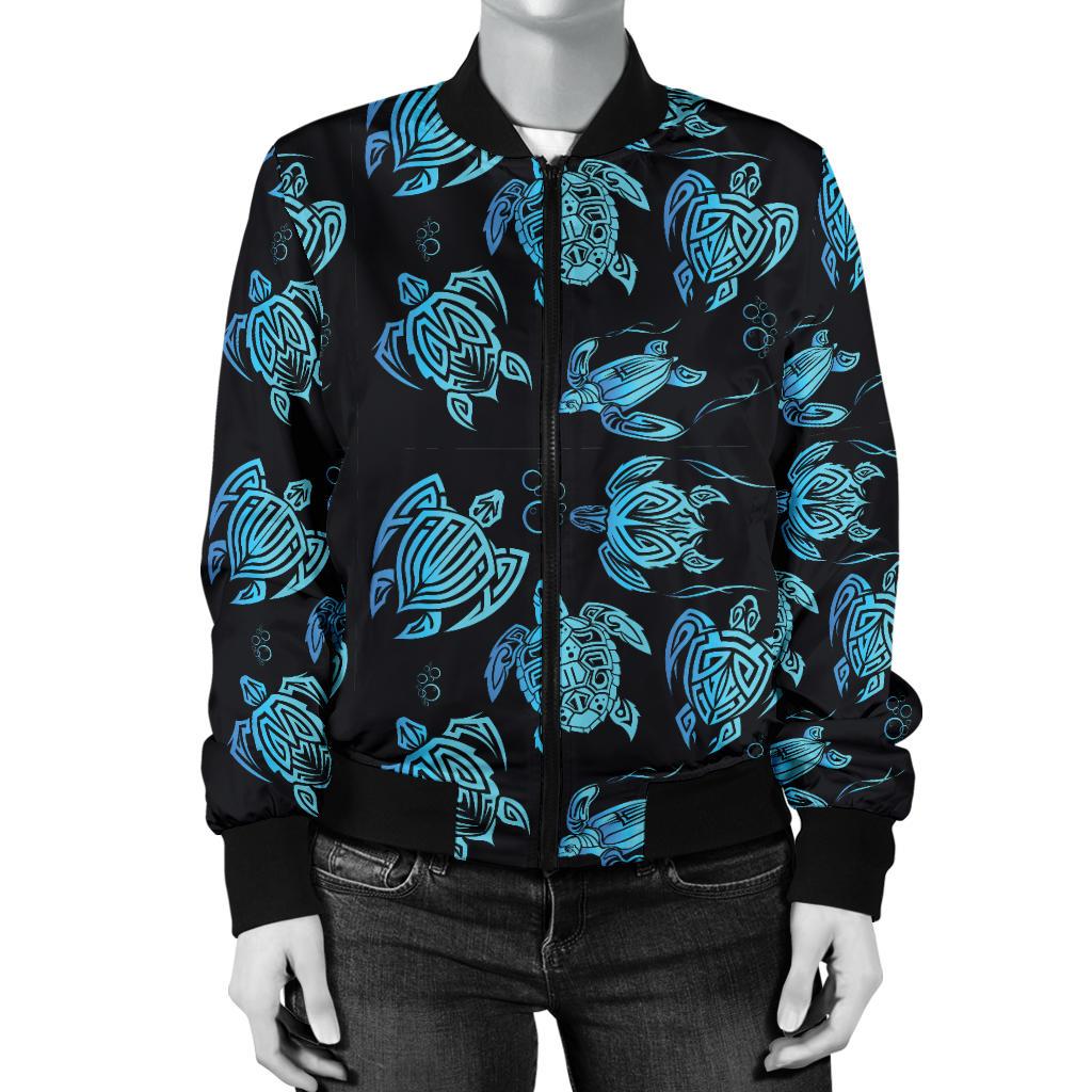 Tribal Turtle Polynesian Themed Design Women Casual Bomber Jacket