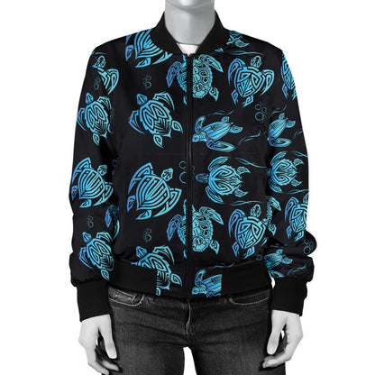 Tribal Turtle Polynesian Themed Design Women Casual Bomber Jacket