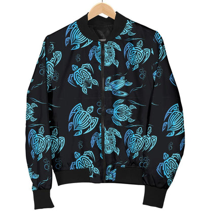 Tribal Turtle Polynesian Themed Design Women Casual Bomber Jacket
