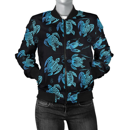Tribal Turtle Polynesian Themed Design Women Casual Bomber Jacket
