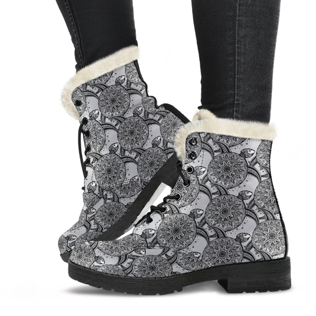 Tribal Turtle Polynesian Themed Print Faux Fur Leather Boots-JTAMIGO.COM