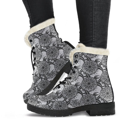 Tribal Turtle Polynesian Themed Print Faux Fur Leather Boots-JTAMIGO.COM