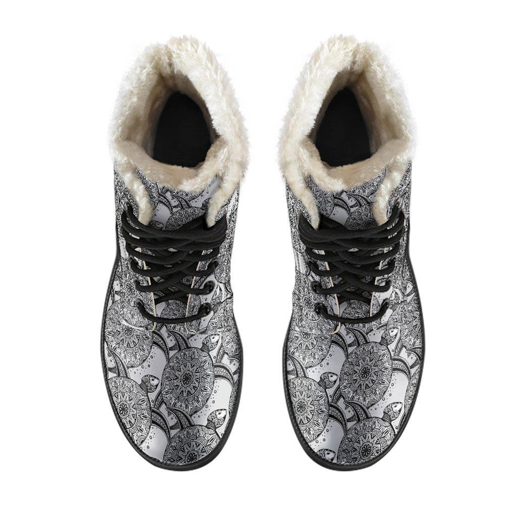 Tribal Turtle Polynesian Themed Print Faux Fur Leather Boots-JTAMIGO.COM