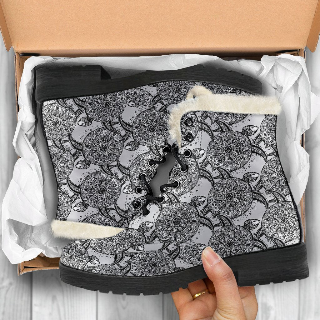 Tribal Turtle Polynesian Themed Print Faux Fur Leather Boots-JTAMIGO.COM