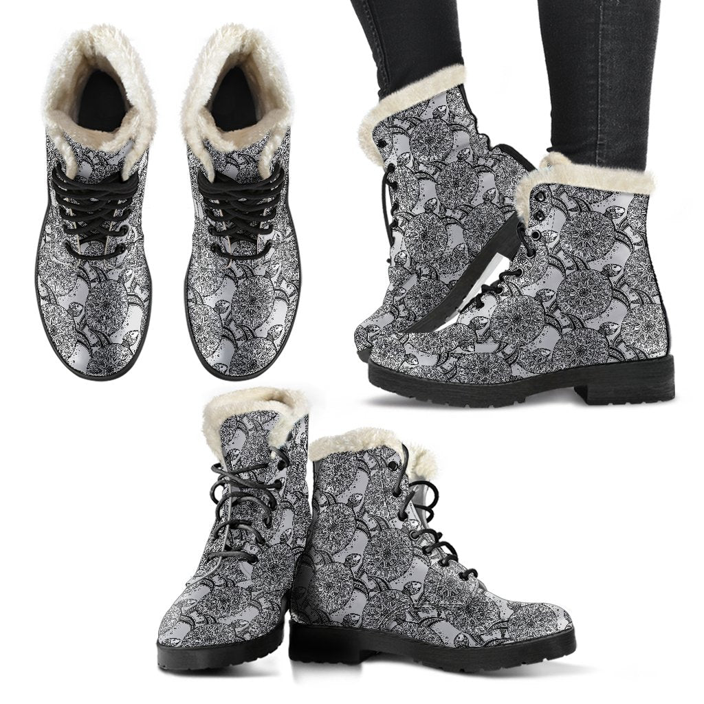Tribal Turtle Polynesian Themed Print Faux Fur Leather Boots-JTAMIGO.COM