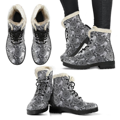 Tribal Turtle Polynesian Themed Print Faux Fur Leather Boots-JTAMIGO.COM