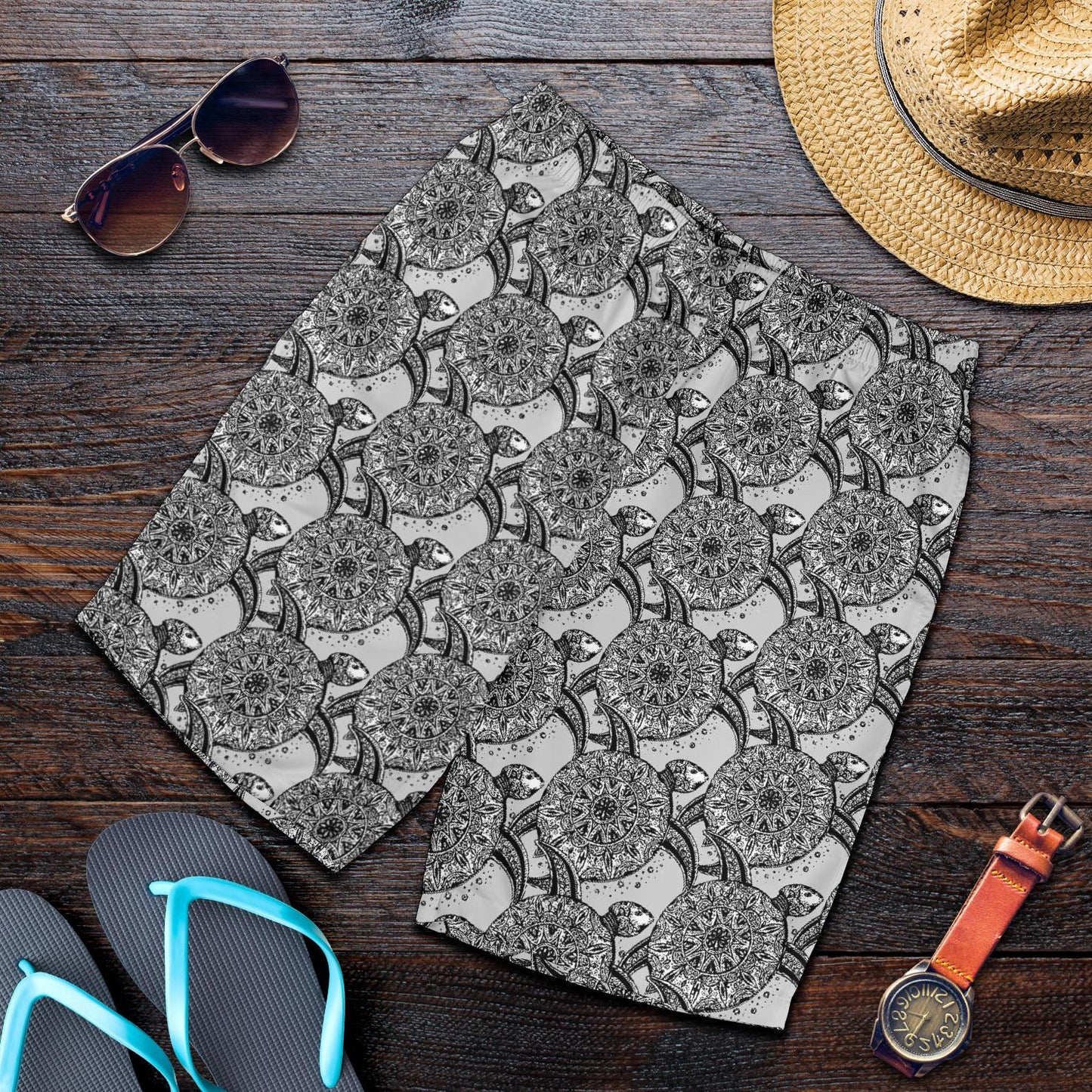 Tribal Turtle Polynesian Themed Print Mens Shorts-JTAMIGO.COM