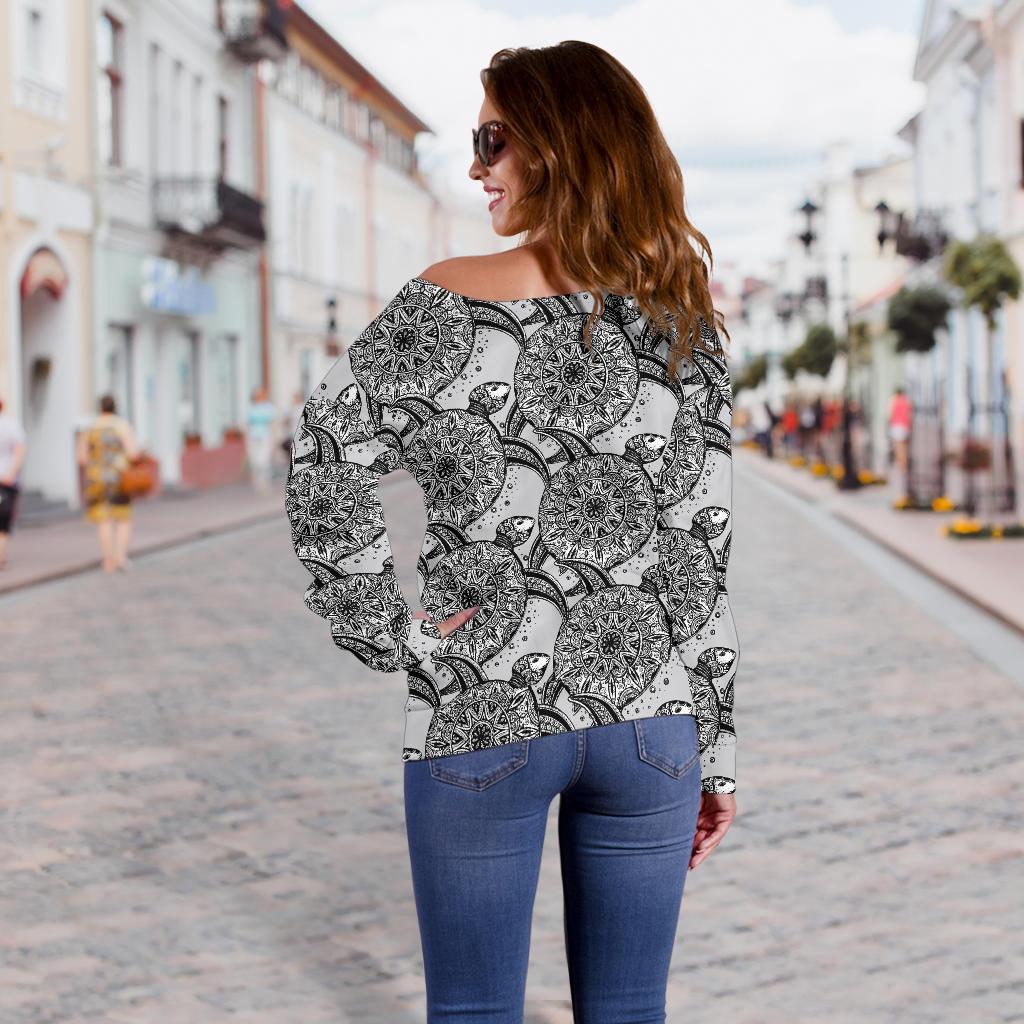 Tribal Turtle Polynesian Themed Print Off Shoulder Sweatshirt