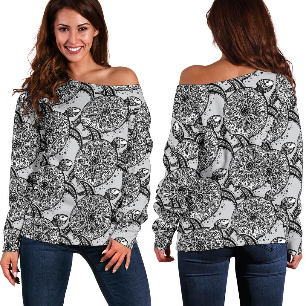 Tribal Turtle Polynesian Themed Print Off Shoulder Sweatshirt
