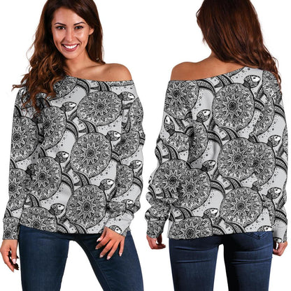 Tribal Turtle Polynesian Themed Print Off Shoulder Sweatshirt