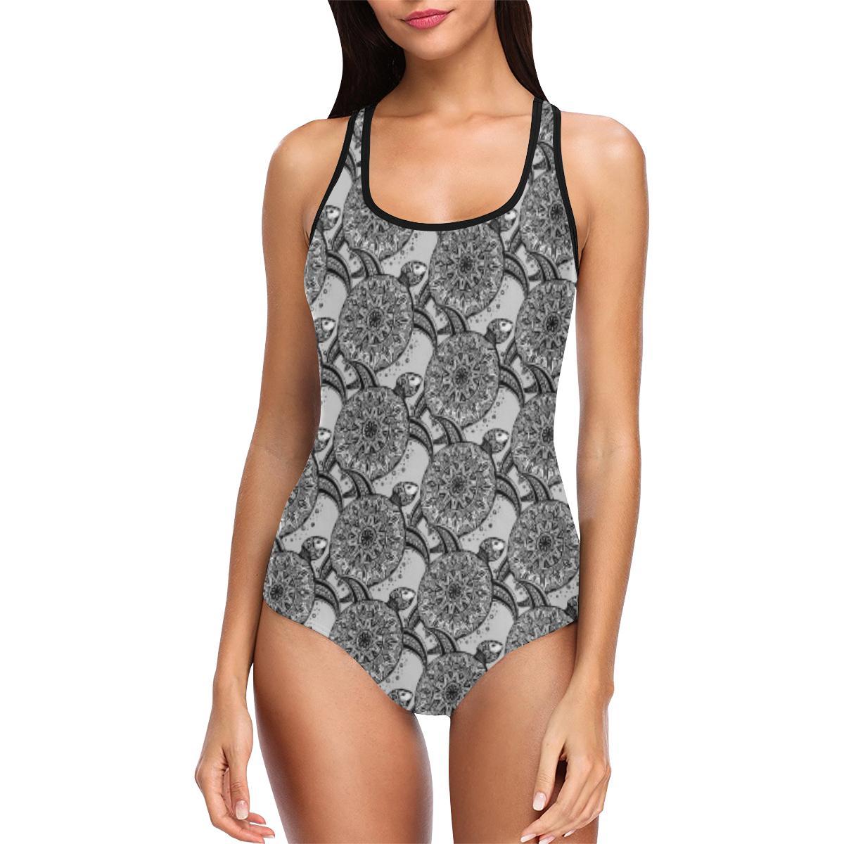 Tribal Turtle Polynesian Themed Print One Piece Swimsuit-JTAMIGO.COM