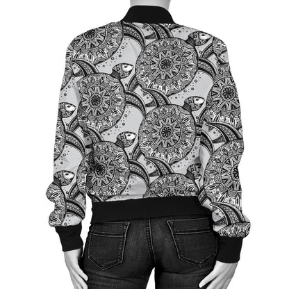 Tribal Turtle Polynesian Themed Print Women Casual Bomber Jacket