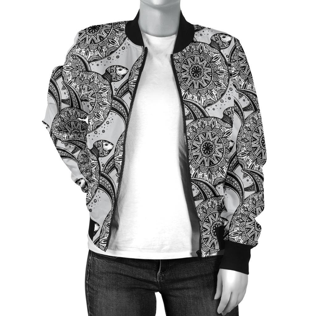 Tribal Turtle Polynesian Themed Print Women Casual Bomber Jacket