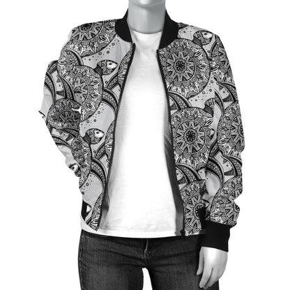 Tribal Turtle Polynesian Themed Print Women Casual Bomber Jacket