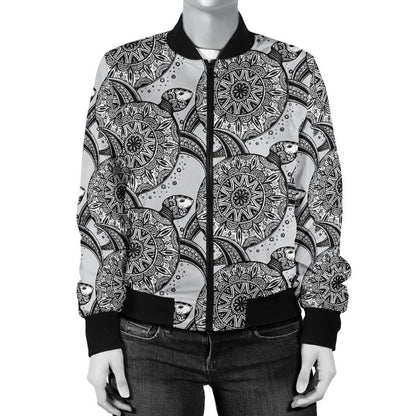Tribal Turtle Polynesian Themed Print Women Casual Bomber Jacket