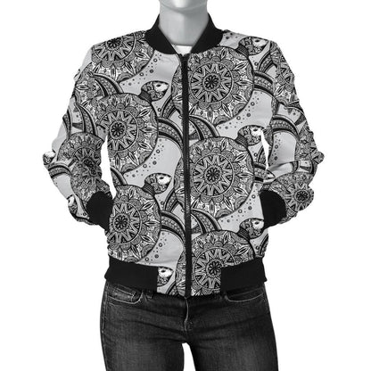 Tribal Turtle Polynesian Themed Print Women Casual Bomber Jacket