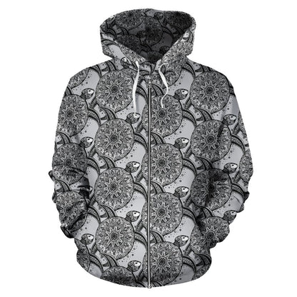 Tribal Turtle Polynesian Themed Print Zip Up Hoodie