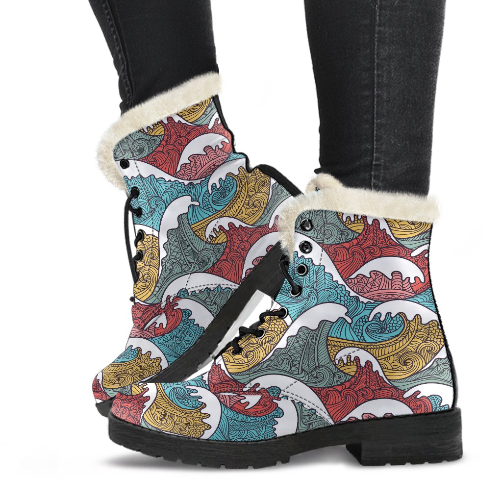 Tribal Wave Pattern Print Faux Fur Leather Boots-JTAMIGO.COM