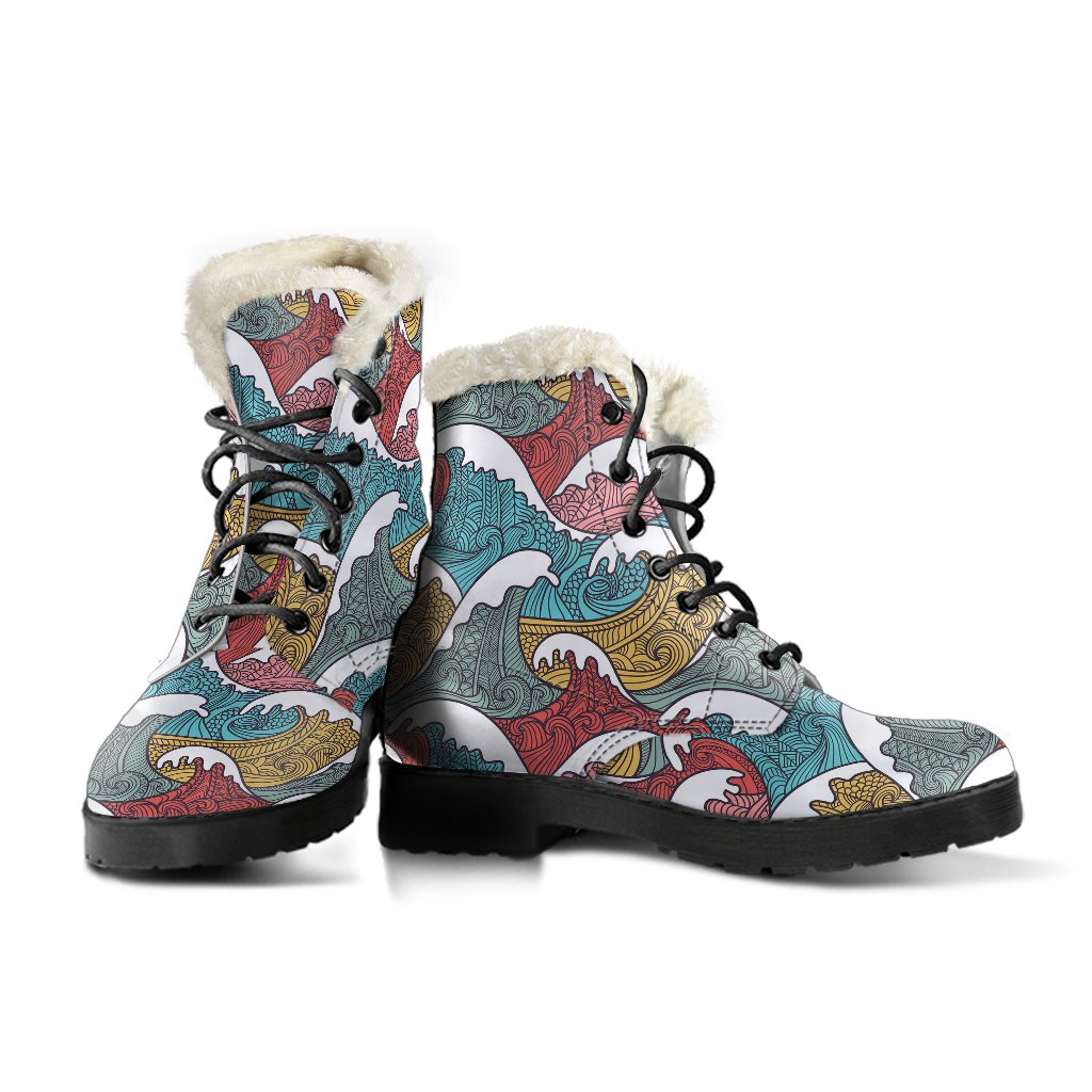 Tribal Wave Pattern Print Faux Fur Leather Boots-JTAMIGO.COM