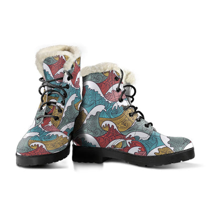 Tribal Wave Pattern Print Faux Fur Leather Boots-JTAMIGO.COM