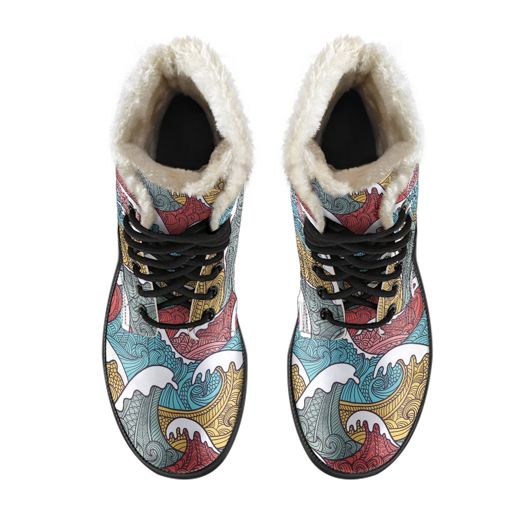 Tribal Wave Pattern Print Faux Fur Leather Boots-JTAMIGO.COM