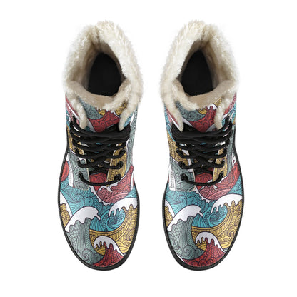 Tribal Wave Pattern Print Faux Fur Leather Boots-JTAMIGO.COM