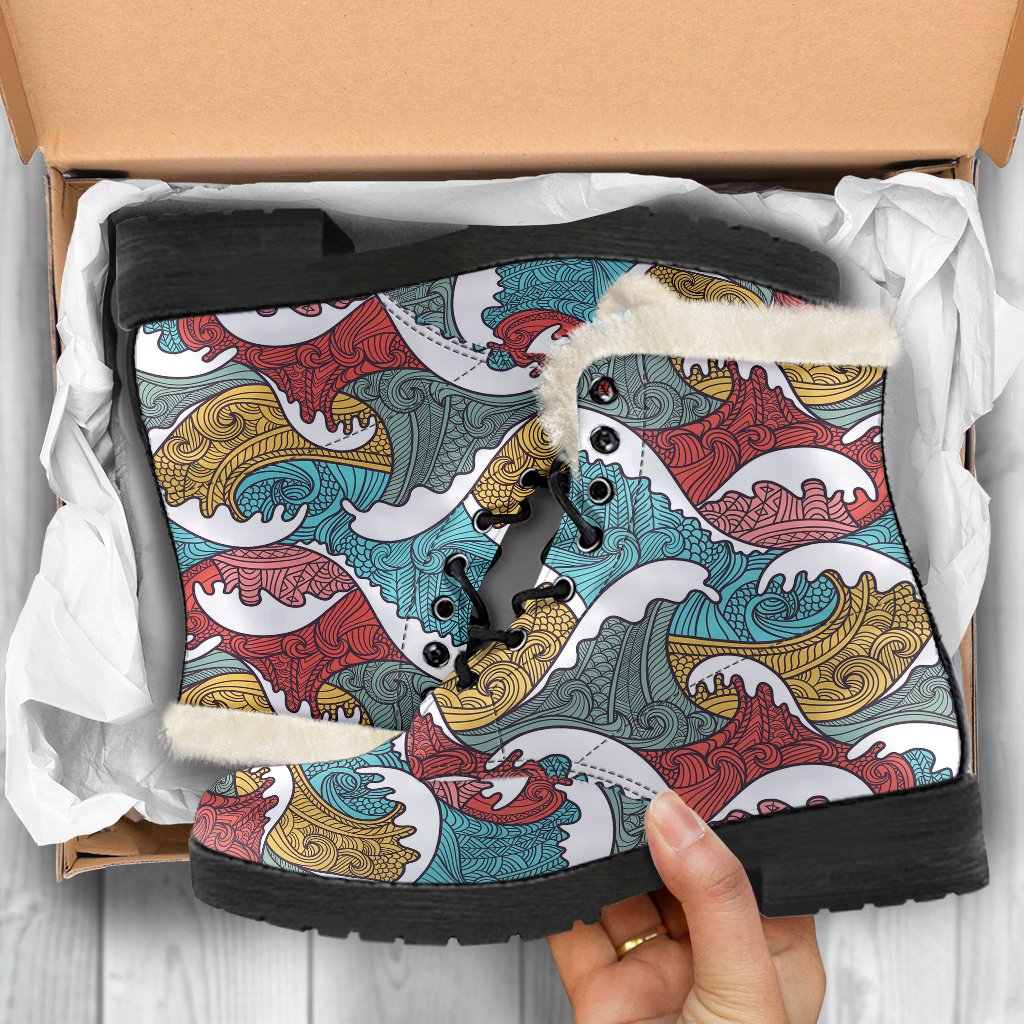 Tribal Wave Pattern Print Faux Fur Leather Boots-JTAMIGO.COM