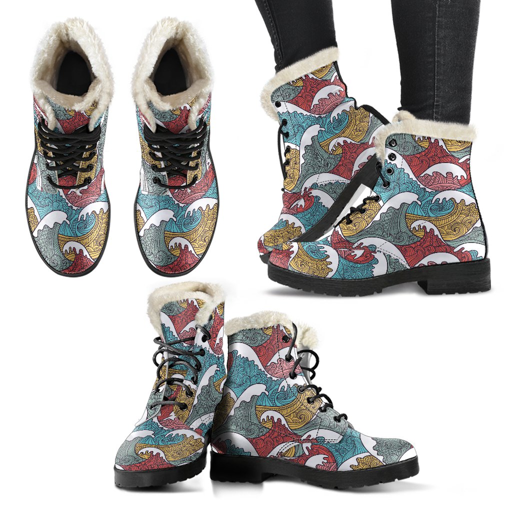 Tribal Wave Pattern Print Faux Fur Leather Boots-JTAMIGO.COM