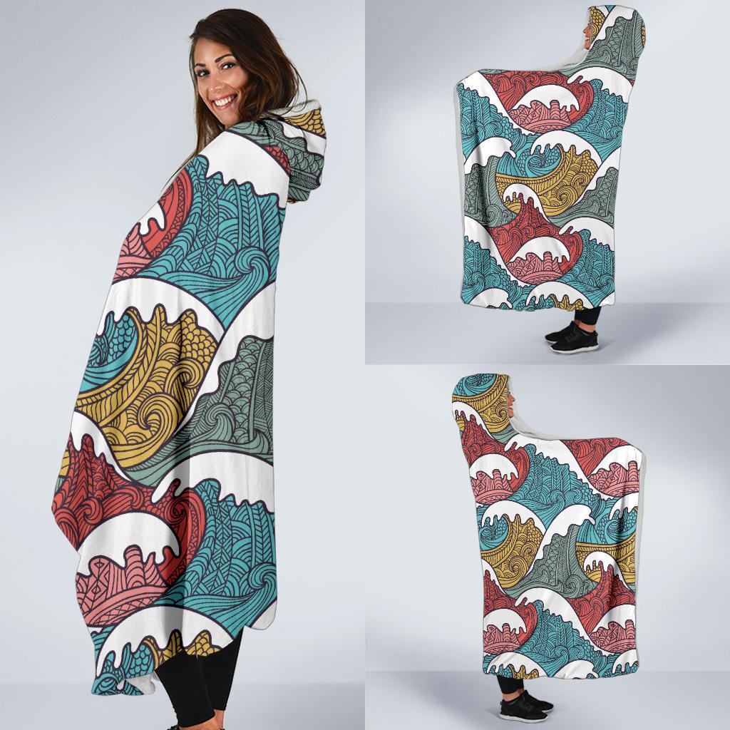Tribal Wave Pattern Print Hooded Blanket-JTAMIGO.COM