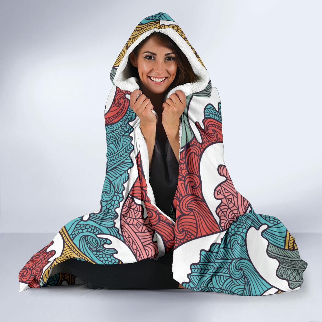 Tribal Wave Pattern Print Hooded Blanket-JTAMIGO.COM