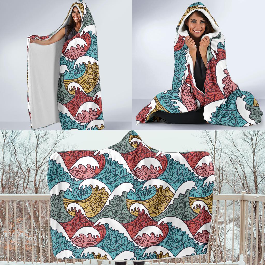 Tribal Wave Pattern Print Hooded Blanket-JTAMIGO.COM