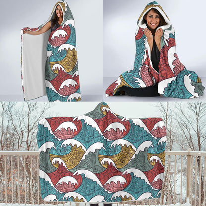Tribal Wave Pattern Print Hooded Blanket-JTAMIGO.COM
