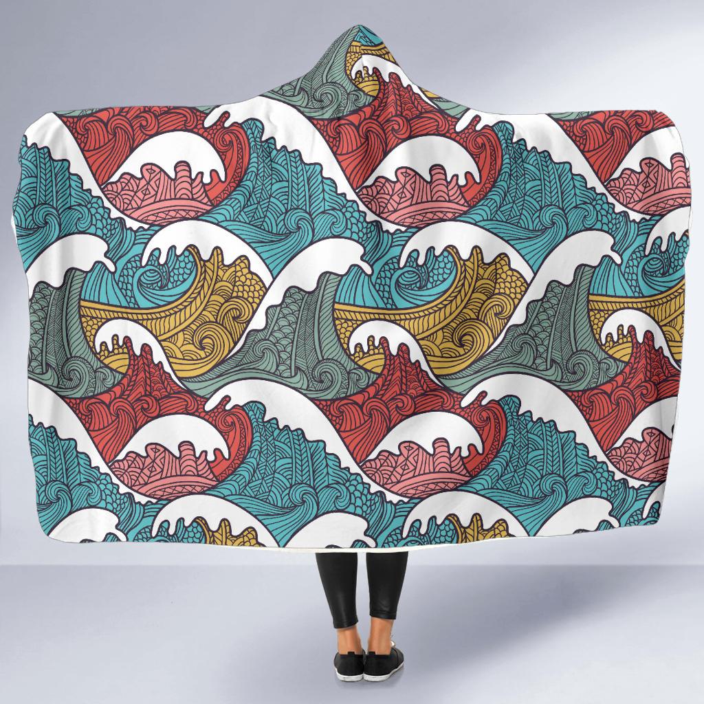 Tribal Wave Pattern Print Hooded Blanket-JTAMIGO.COM