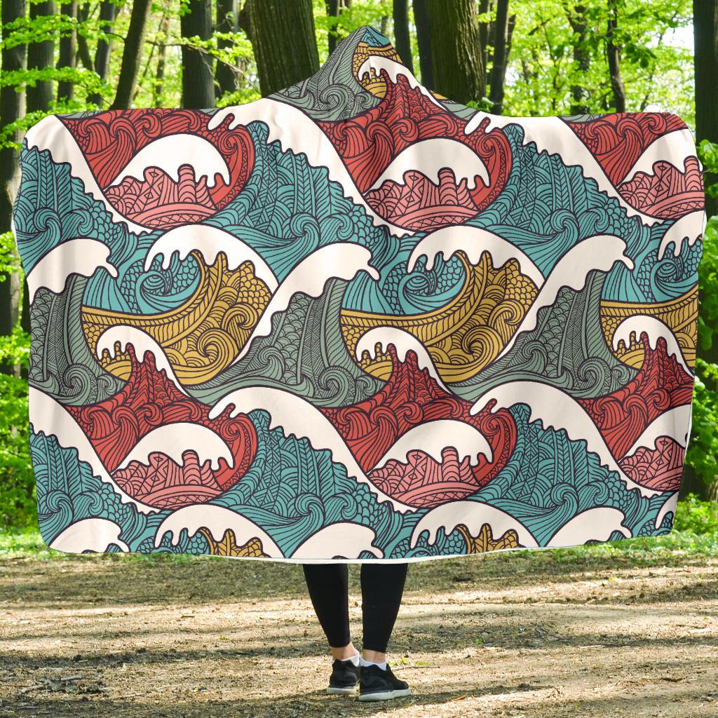 Tribal Wave Pattern Print Hooded Blanket-JTAMIGO.COM