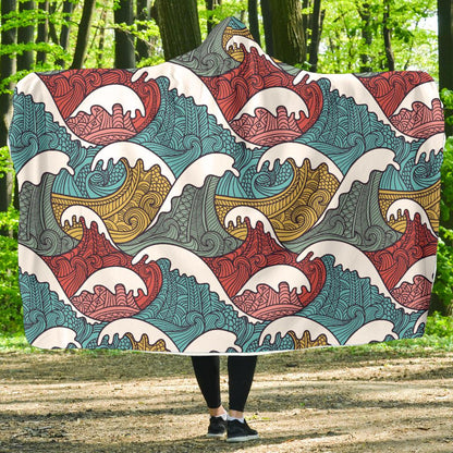 Tribal Wave Pattern Print Hooded Blanket-JTAMIGO.COM