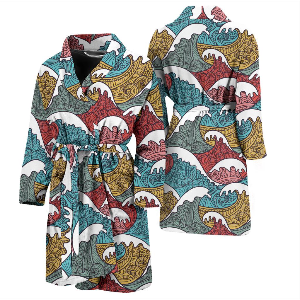 Tribal Wave Pattern Print Men Bath Robe-JTAMIGO.COM
