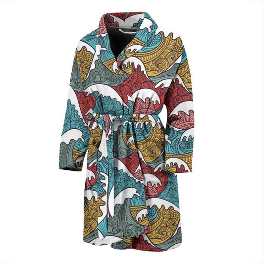 Tribal Wave Pattern Print Men Bath Robe-JTAMIGO.COM