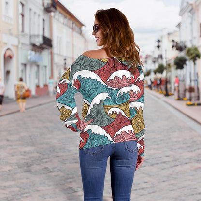 Tribal Wave Pattern Print Off Shoulder Sweatshirt