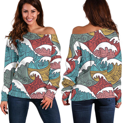 Tribal Wave Pattern Print Off Shoulder Sweatshirt
