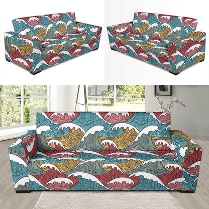 Tribal Wave Pattern Print Sofa Slipcover-JTAMIGO.COM