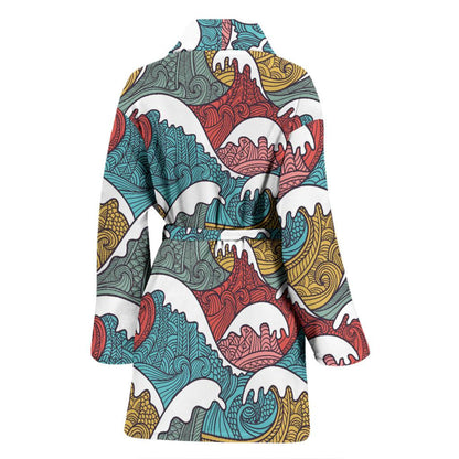 Tribal Wave Pattern Print Women Bath Robe-JTAMIGO.COM