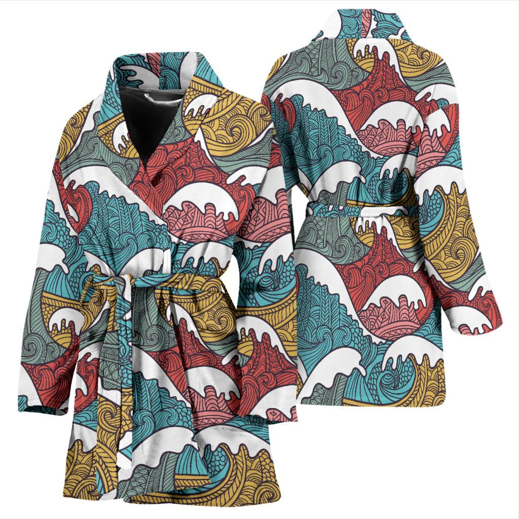 Tribal Wave Pattern Print Women Bath Robe-JTAMIGO.COM