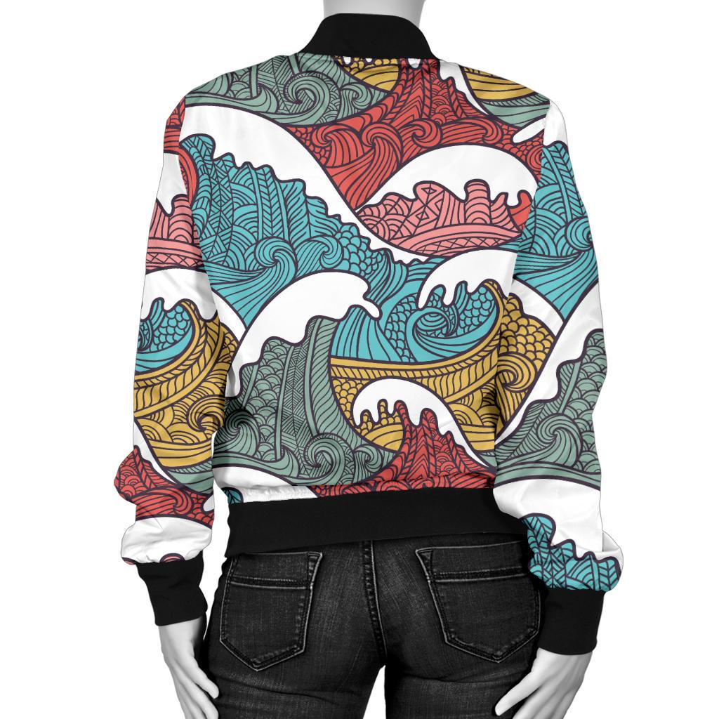 Tribal Wave Pattern Print Women Casual Bomber Jacket