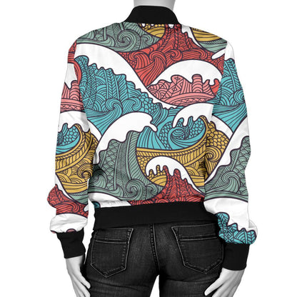 Tribal Wave Pattern Print Women Casual Bomber Jacket