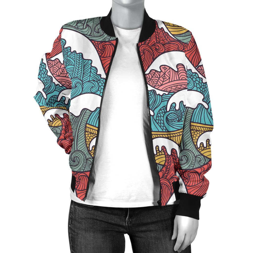 Tribal Wave Pattern Print Women Casual Bomber Jacket
