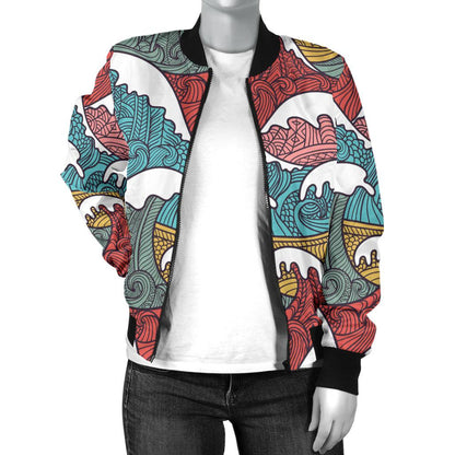 Tribal Wave Pattern Print Women Casual Bomber Jacket